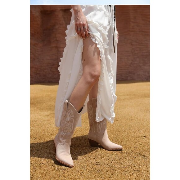 Women Faux Leather Beige-calf High Embroidered Pointed Toe Block Heel Boots - Picture 4 of 8